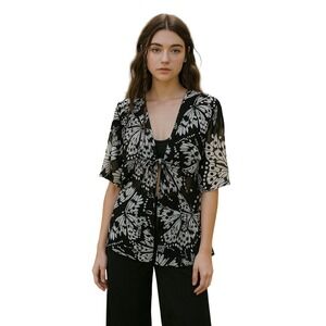 Vintage Y2K Contour Women Tie Front Black White Butterfly Blouse Fairy XL